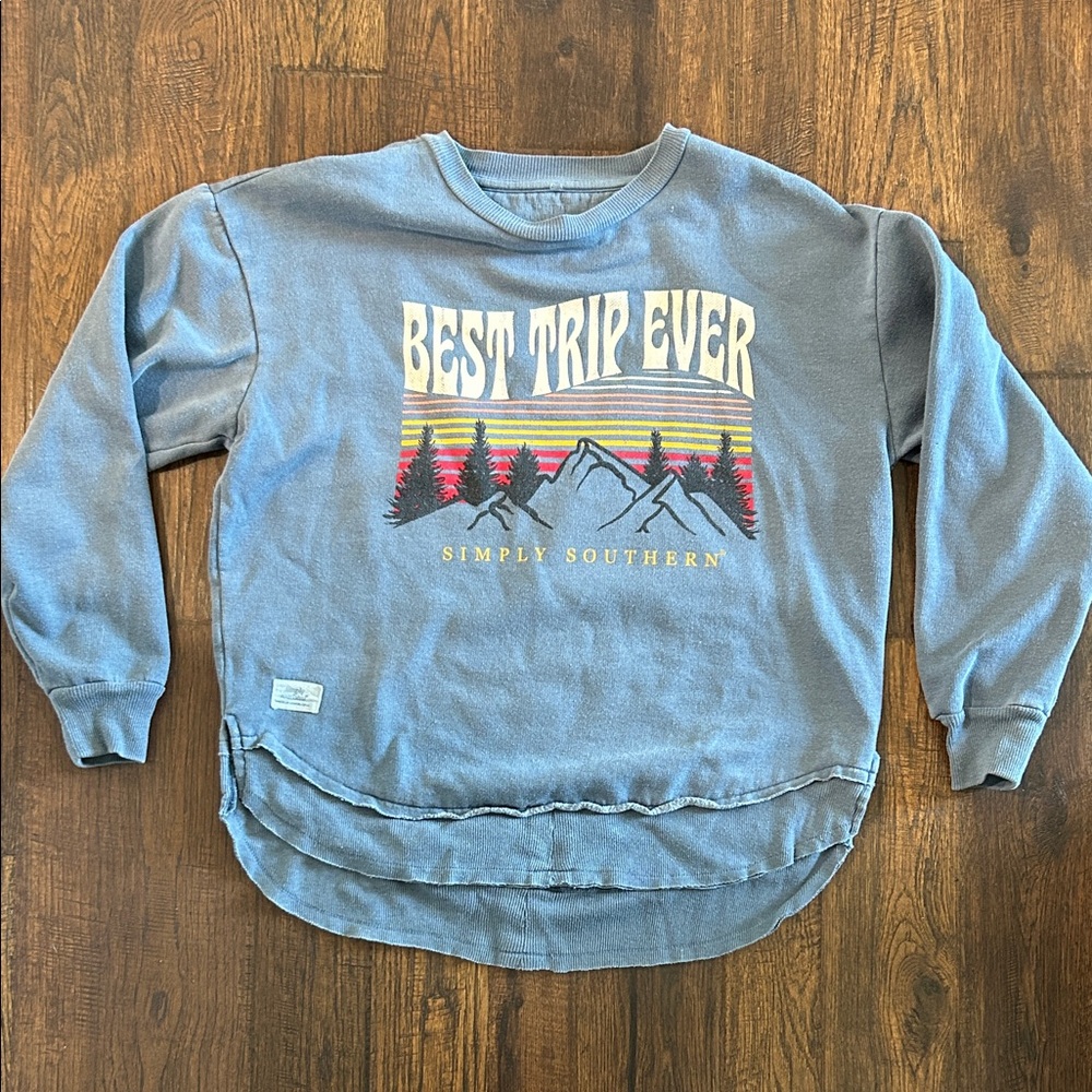 Simply Southern Blue Sweatshirt with Mountain Graphic
